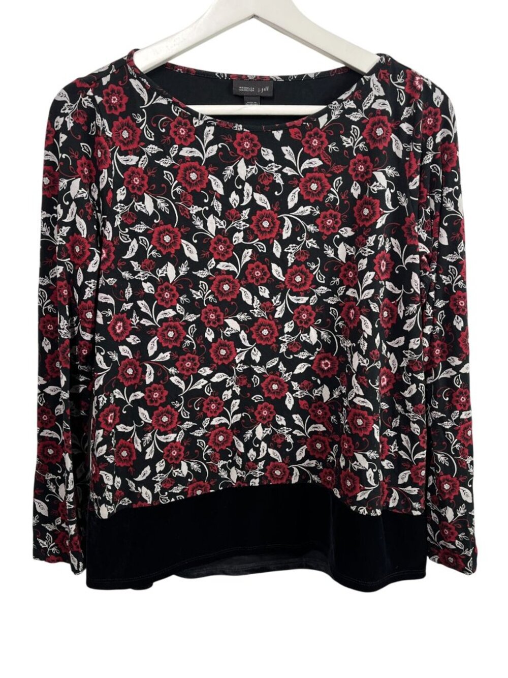 J.Jill S Red Black Floral Velvet Trim Top Boho Romantic Fall